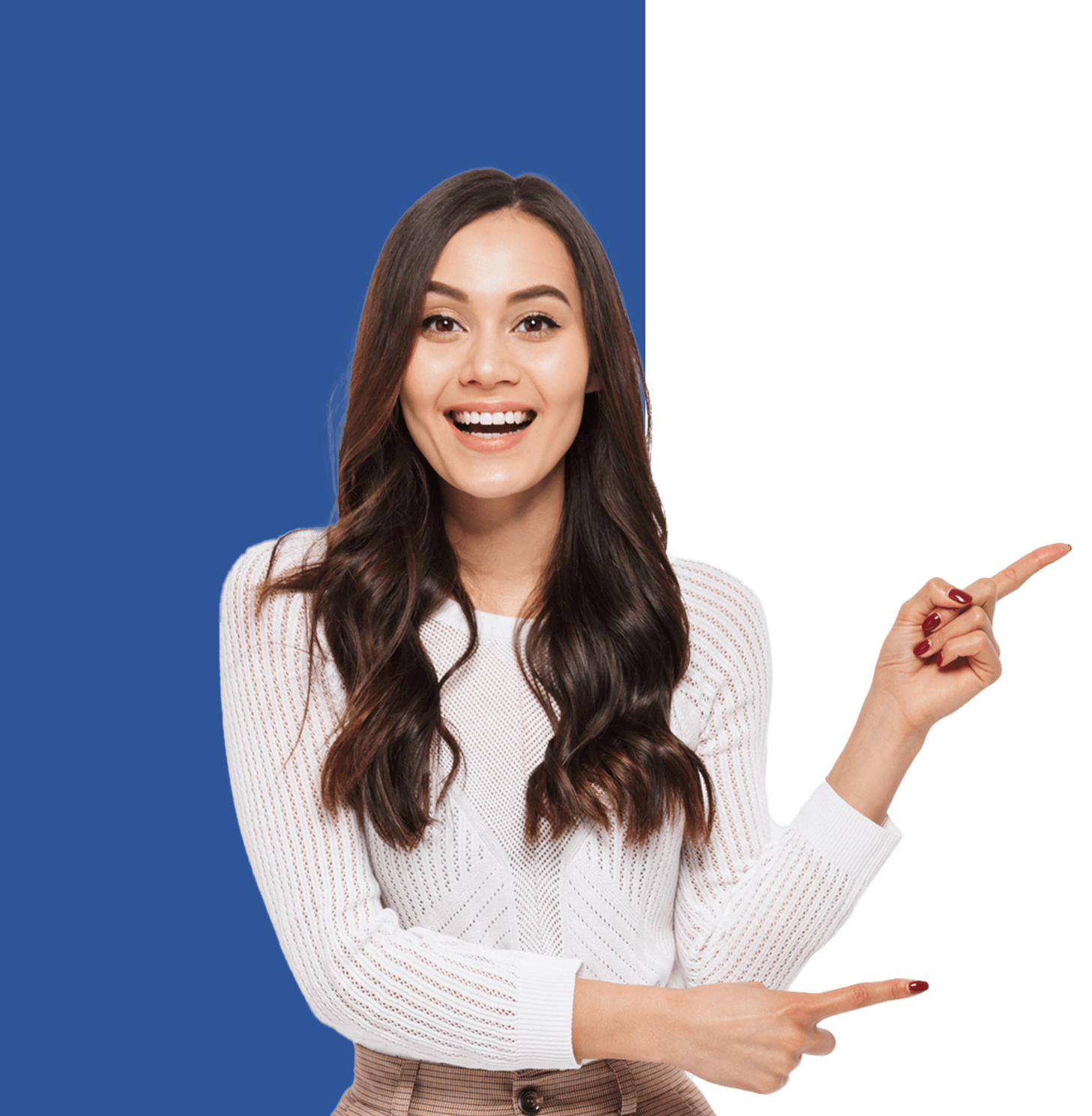 A woman pointing to the right.